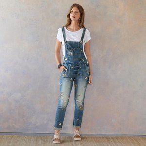Driftwood Frida Denim Overalls Womens Small Blue Floral Embroidered Distressed